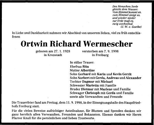 Wermescher Ortwin 1928-1998 Todesanzeige